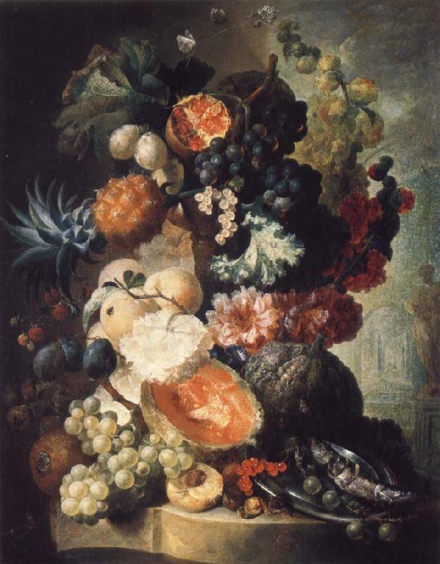 Jan van Os Fruit,Flwers and a Fish Sweden oil painting art